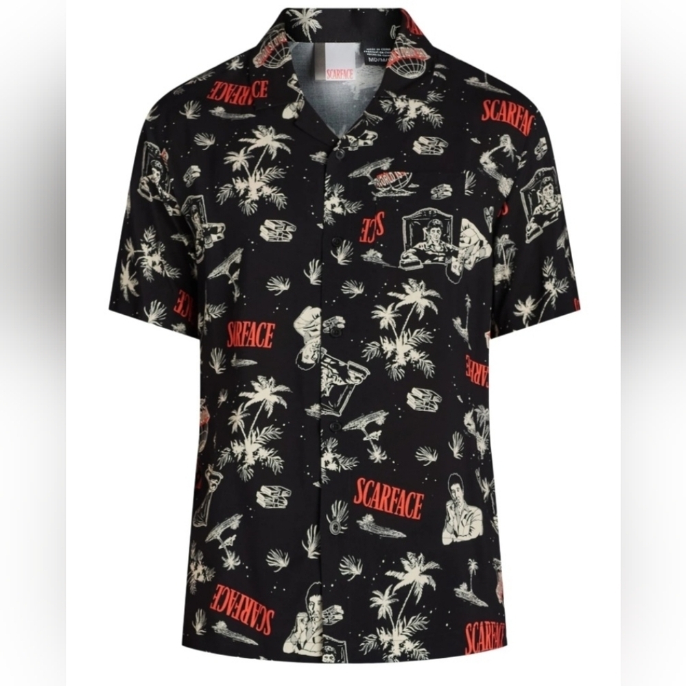 Scarface Tony Montana Graphic Shirt XXL Rayon Button Up Black Red Movie